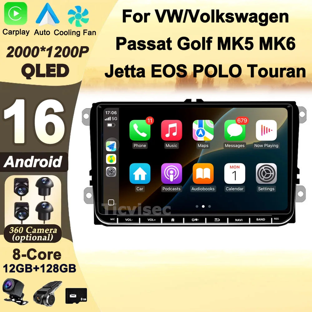 Android 16 2 Din 9'' Car Radio GPS CarPlay for VW Passat Golf MK5 MK6