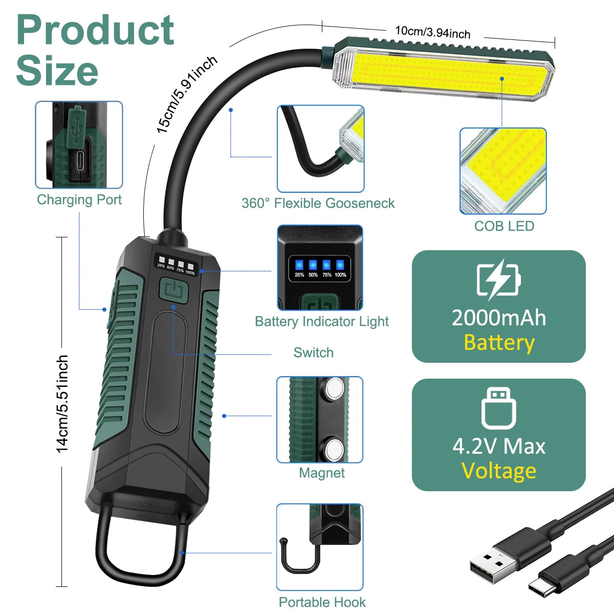Rechargeable Magnetic Portable LED Work Light with 360° Flexible Gooseneck Design Hook Work Flashlight for Repair Emergency