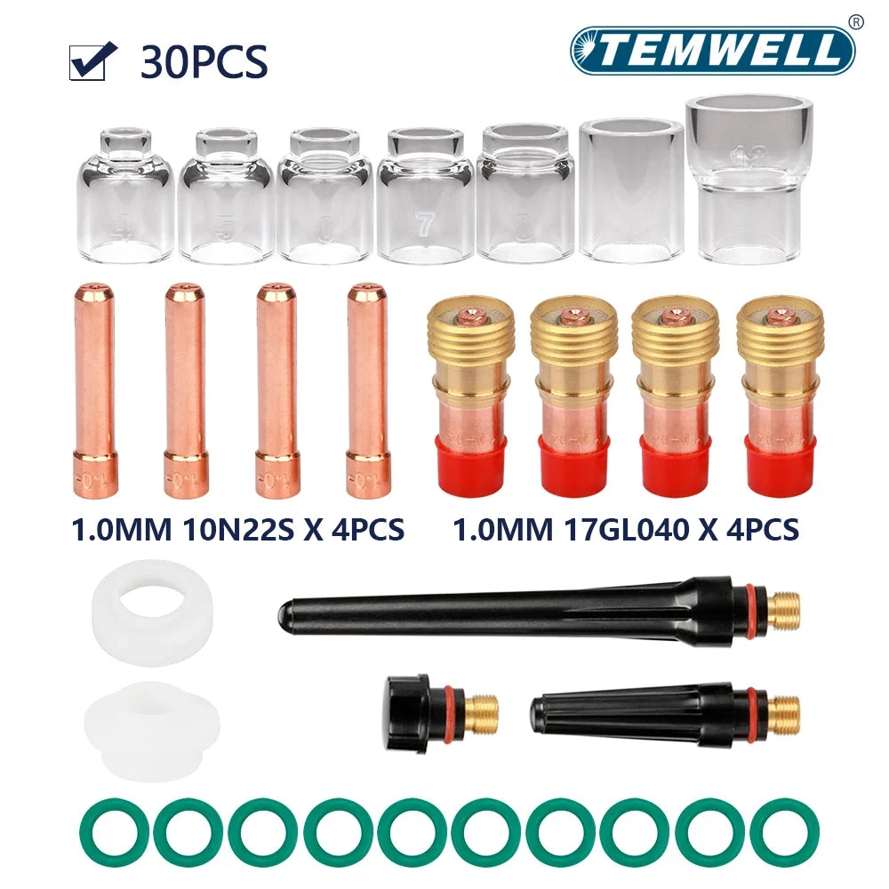 30 Pcs TIG Welding Torch Accessories, 2.4mm Stubby Gas Lens Pyrex Cup Kit