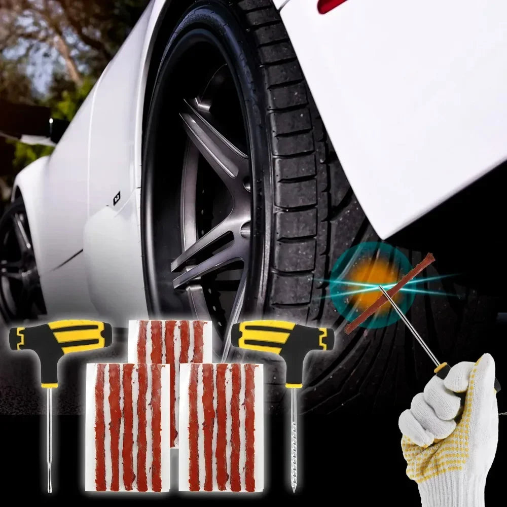 Universal Tubeless Tire Repair Kit - Emergency Puncture Tools W/Rubber T-Plugs for Car/Motorcycle On-Road Vacuum Seal