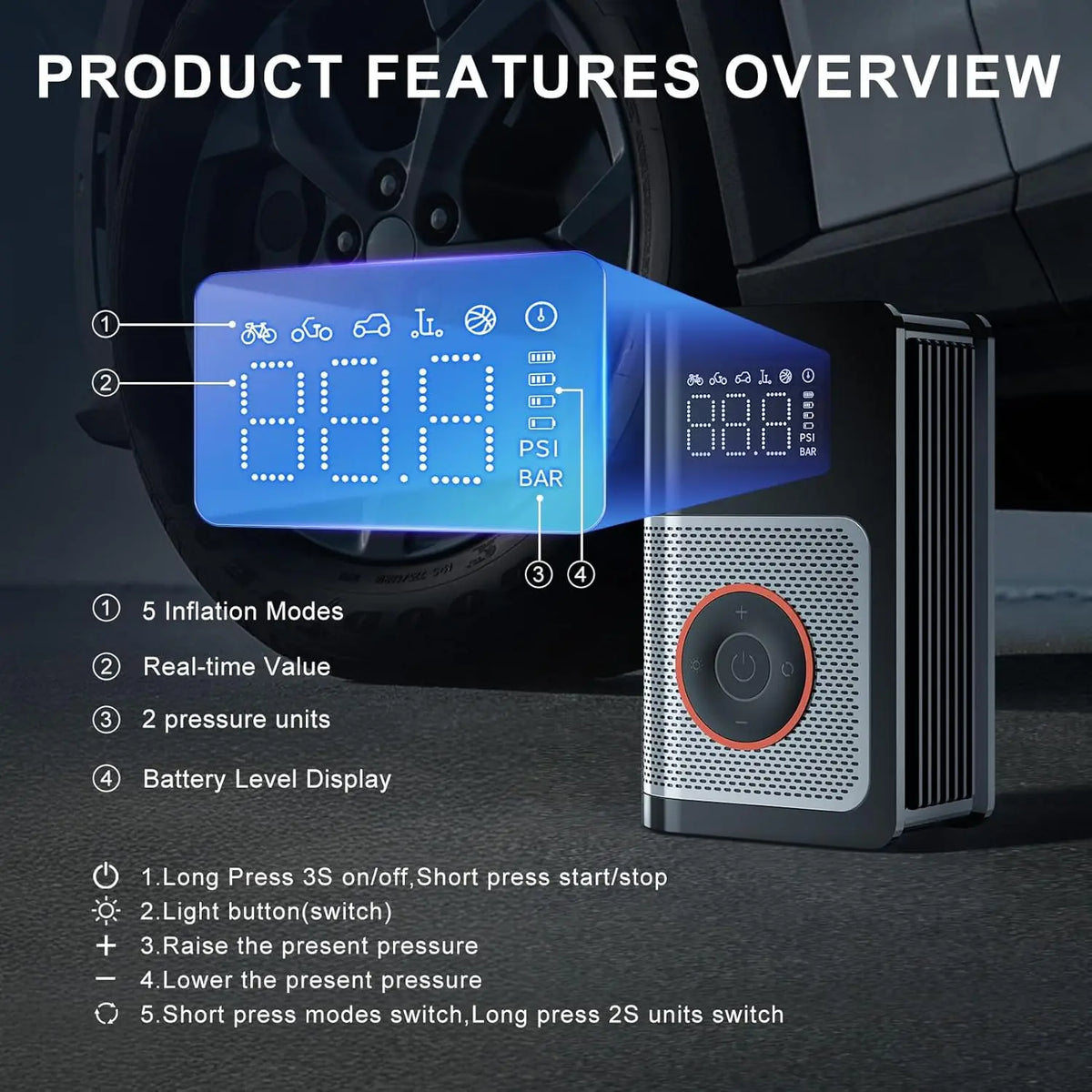 Tire Inflator Portable Air Compressor 160PSI Portable Car Air Pump with Tire Pressure Gauge for Motor Vehicle Motorcycle Bike