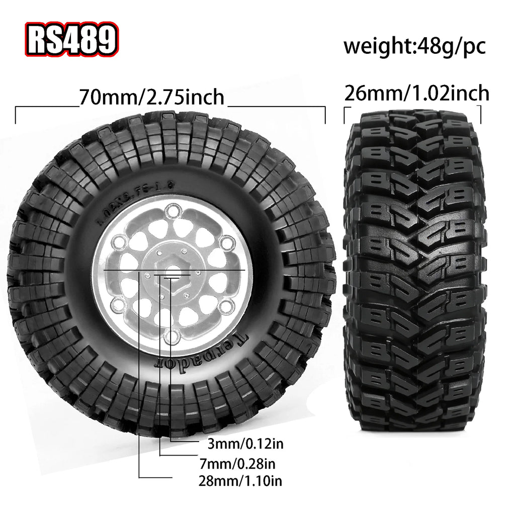 1.3 Beadlock Wheels and Tires OD 2.75'' Hex 7mm (4PCS) for 1/18 1/24 TRX4M SCX24 AX24 FCX18 FCX24 RC Crawler Car