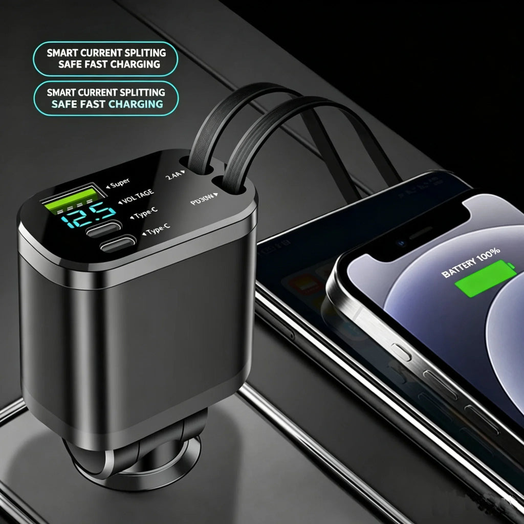 Car Charger with Digital Display and Retractable USB-C Cable