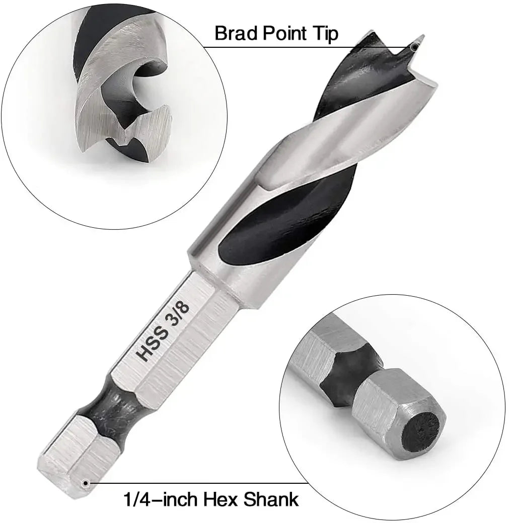5/6pcs HSS SAE Brad Three Point Stubby Drill Bit Set for Wood With 1/4-Inch Quick Change Hex Shank 3/32 1/8 3/16 1/4 5/16 3/8