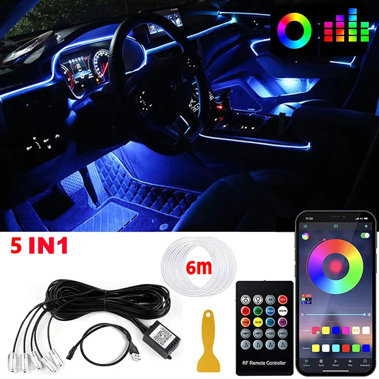 LED Car Interior Ambient Strip Lights RGB Fiber Optic Neon Kit with APP Remote Control