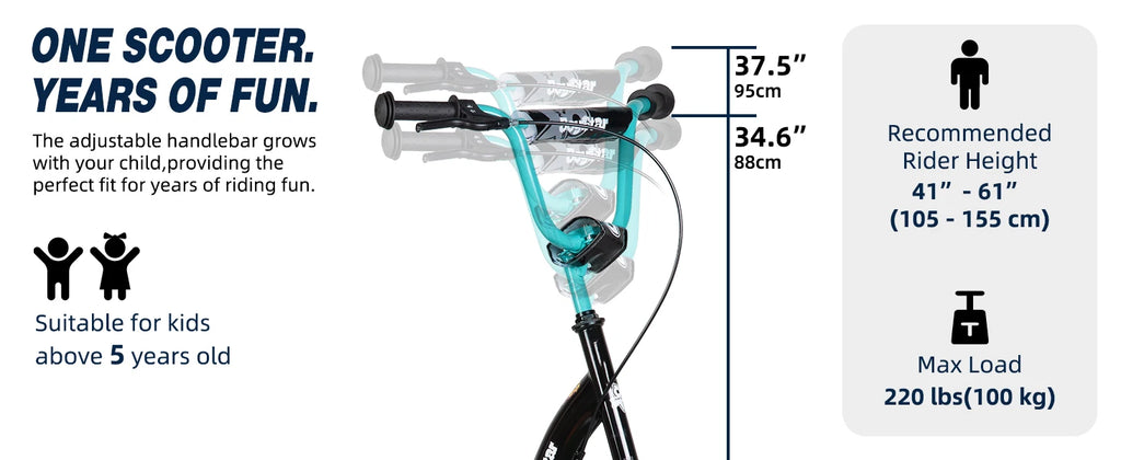 JOYSTAR 12" Kick Scooter for Kids 5+ Teens & Youth with Adjustable Handlebar Big Wheel 2-Wheel Scooter Rear Drum Brakes