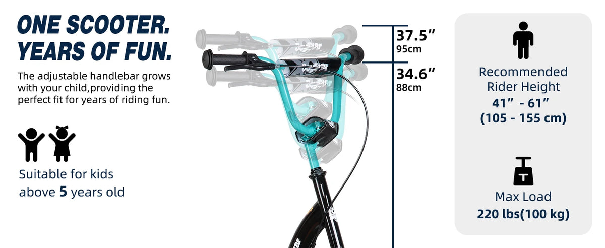 JOYSTAR 12" Kick Scooter for Kids 5+ Teens & Youth with Adjustable Handlebar Big Wheel 2-Wheel Scooter Rear Drum Brakes