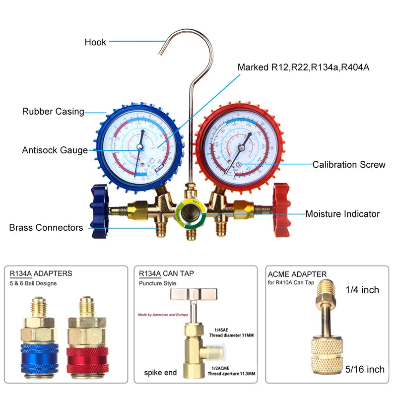 Refrigerant Manifold Gauge Air Condition Refrigeration Set Air Conditioning Tools with Hose and Hook For R404A R410A R22 R134A
