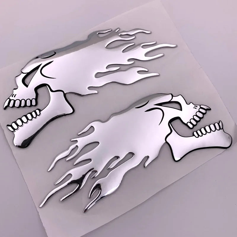 2pc 3D Chrome Fire Skull Motorcycle Stickers