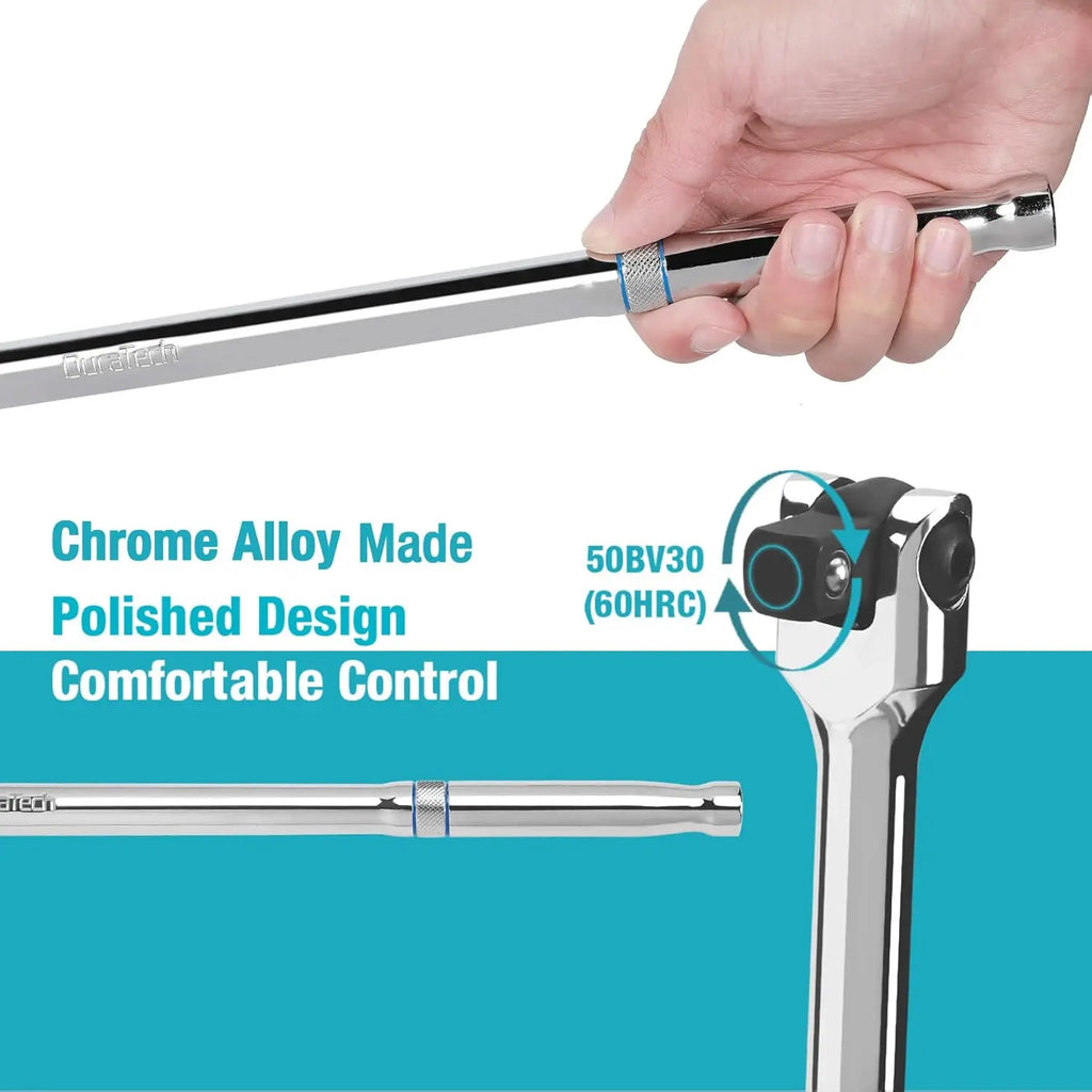 1/2'' 10/15/18inch Drive Breaker Bar Wrench Socket Extension 180-Degree Cr-V Flex Head and Engraved Non-slip Handle Repair Tools
