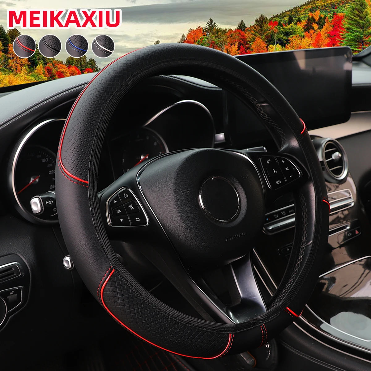 Check Pattern Embossed PU Leather Steering Wheel Cover, 37-38cm