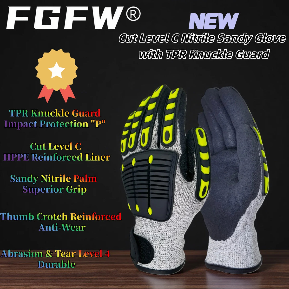 Cut Resistant Gloves Level C, Nitrile Sandy Work Gloves with TPR Knuckle Guard, EN388 4X42CP Safety Gloves for Mechanics