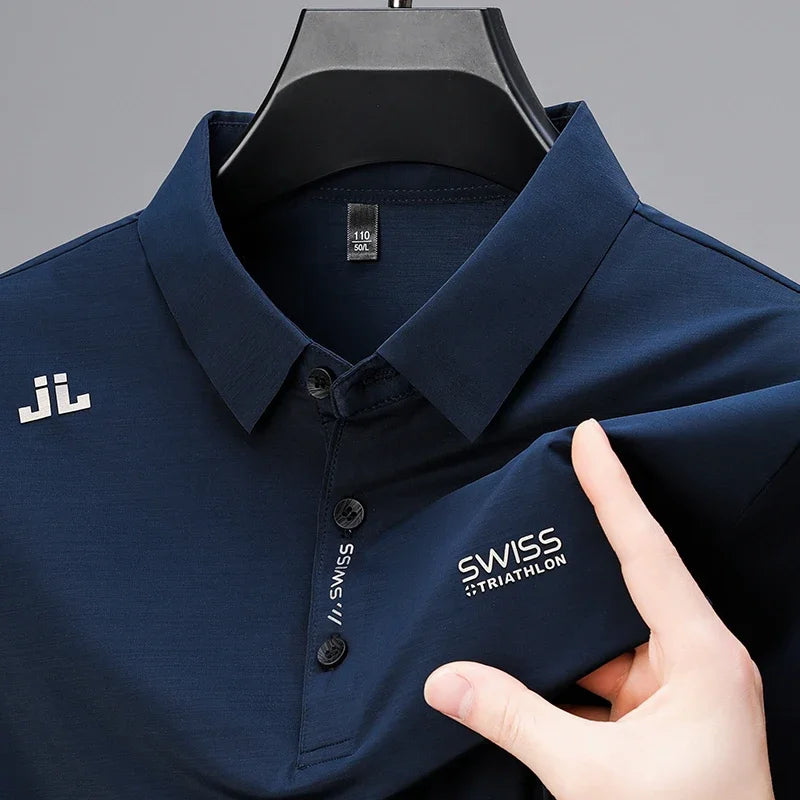 Men's Solid Color Short Sleeve Polo Shirt Business Casual Breathable Comfortable Fashionable Versatile Business Top with Badge