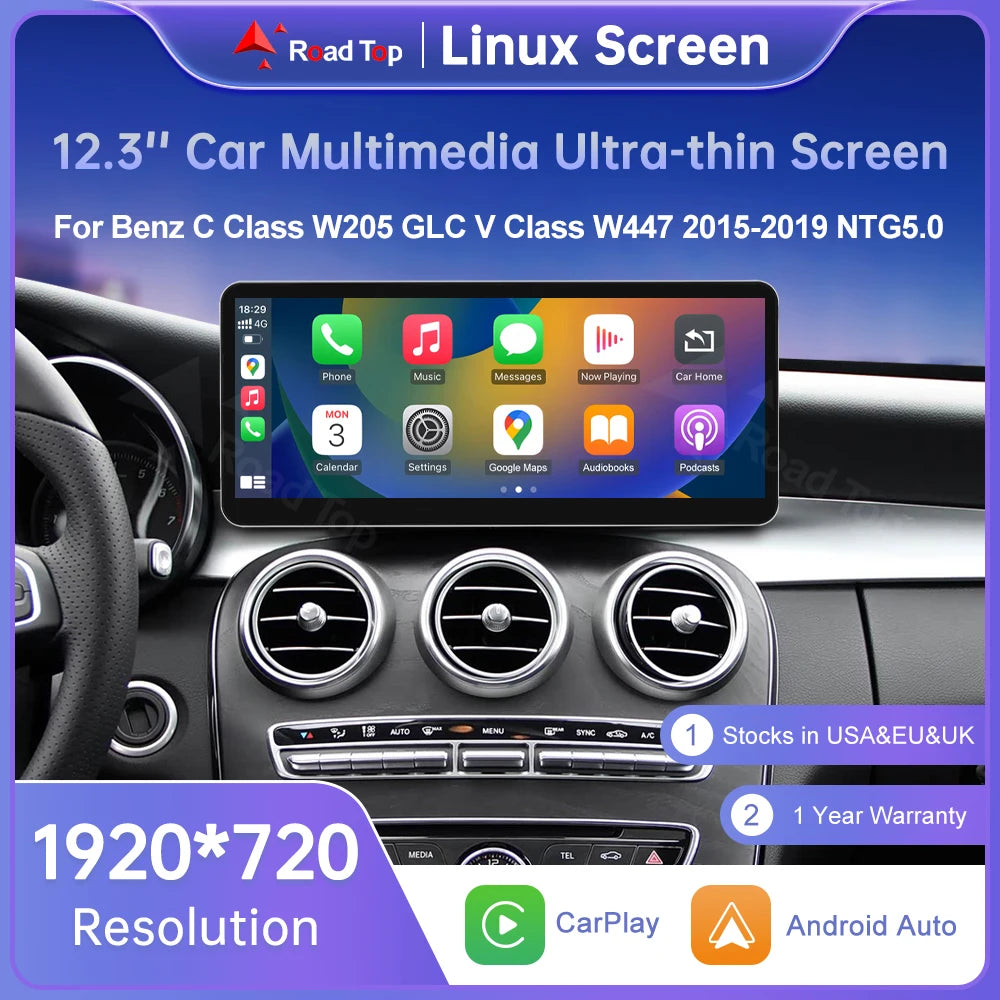 12.3" Linux Touchscreen for Mercedes W205 GLC V-Class + Carplay