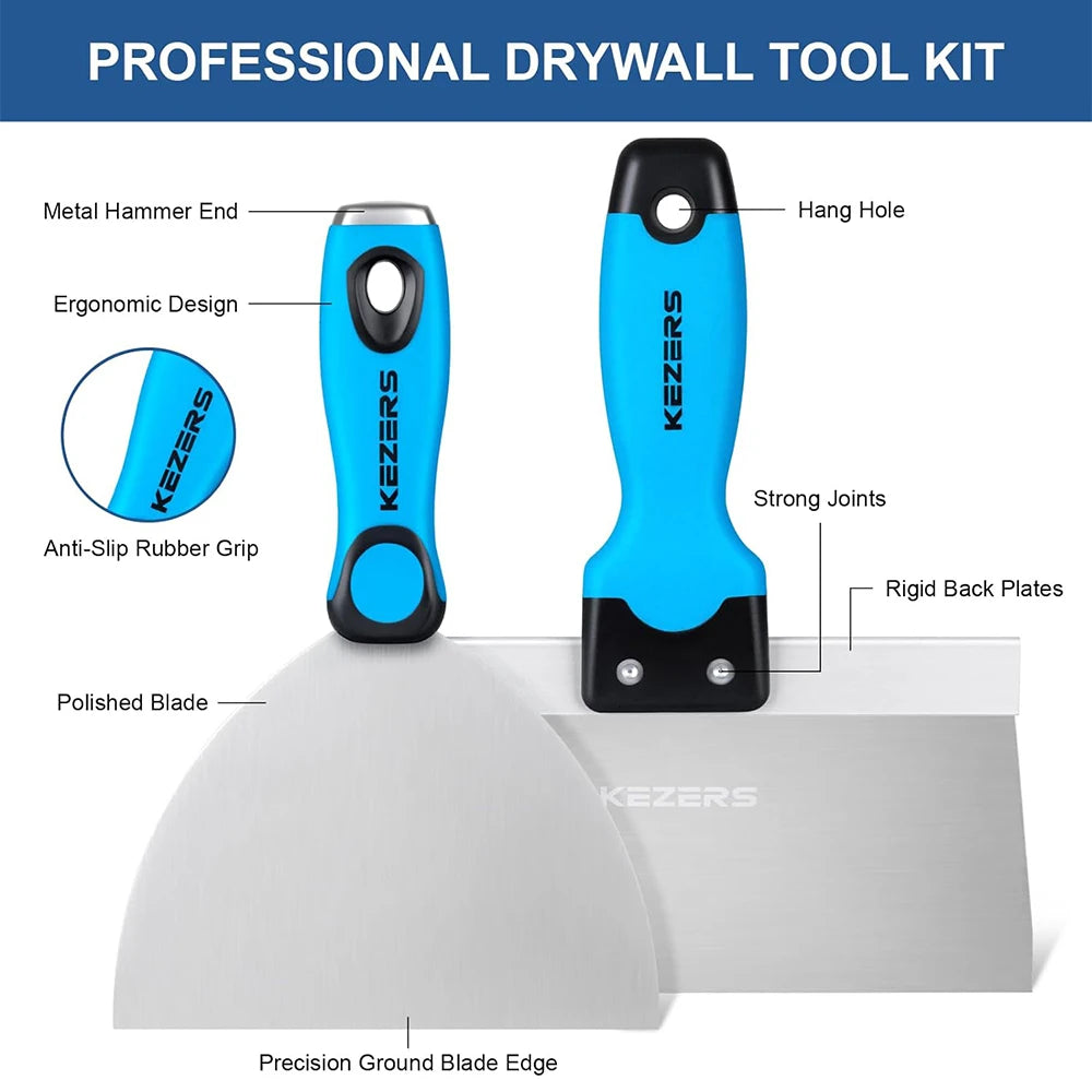 KEZERS Drywall Hand Tool Kit, 5/7 Pieces 3" 4" 5" 6" 8" 10" 12" Stainless Steel Drywall Knife with Metal Hammer End