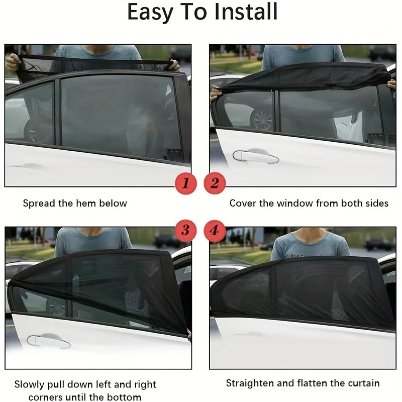 2pcs Car Window Mosquito Net Sunshade - Foldable UV Protection Mesh Curtain with Easy Installation Steps