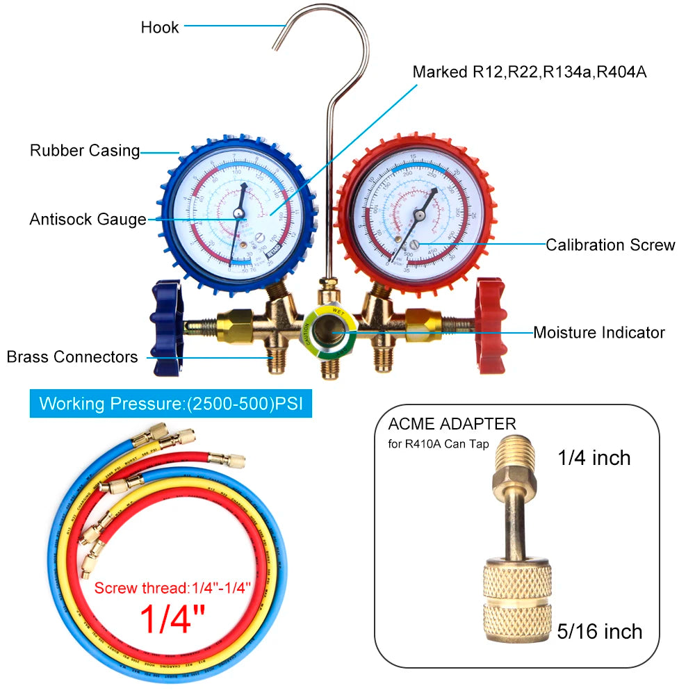 Refrigerant Manifold Gauge Air Condition Refrigeration Set Air Conditioning Tools with Hose and Hook For R404A R410A R22 R134A