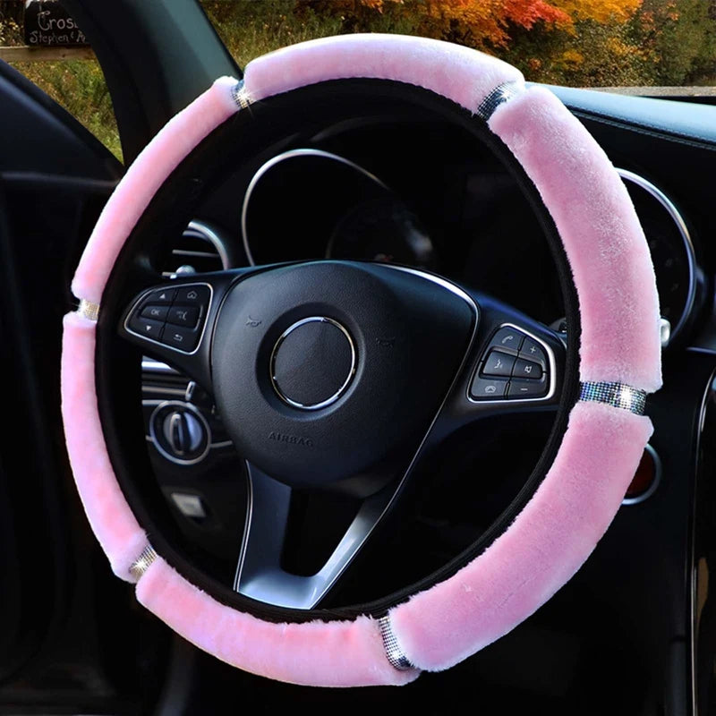 Plush Steering Wheel, Gearshift & Handbrake Cover Set with Rhinestones