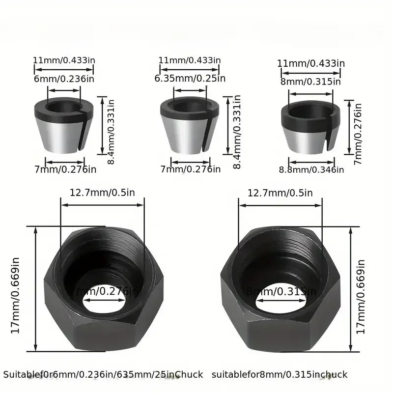 3/5-Piece Router Bit Set with Collet Chuck Adapters