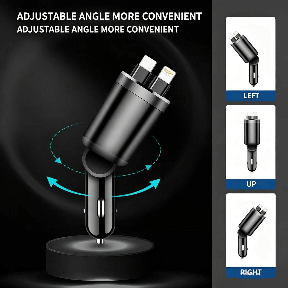 Car Charger with Digital Display and Retractable USB-C Cable
