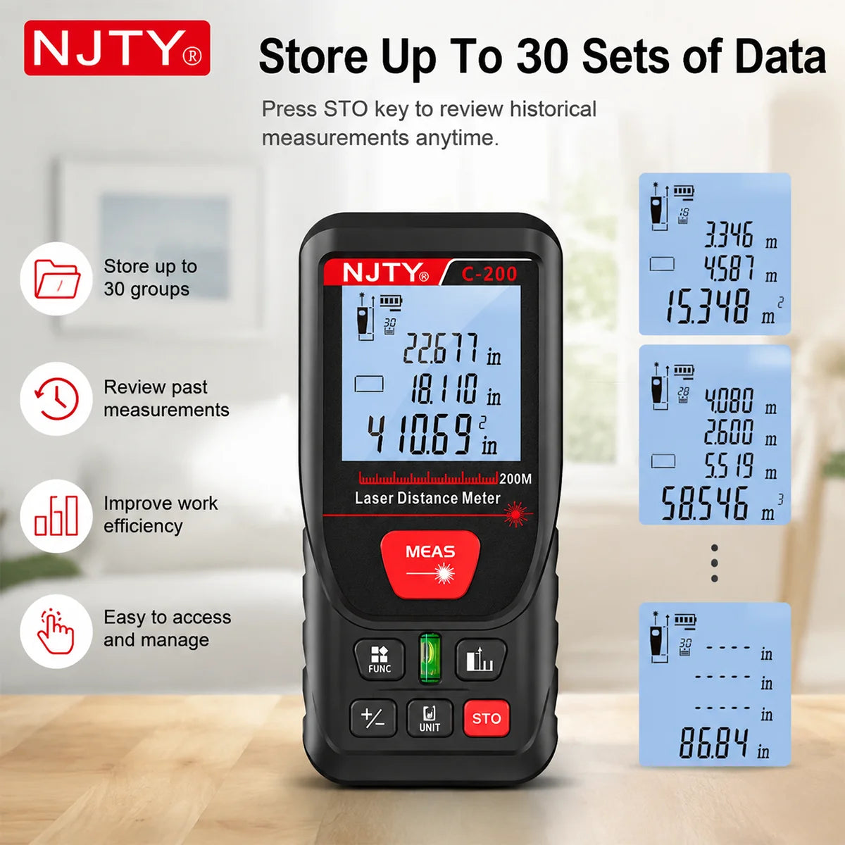 C-50/100/200m Laser Distance Meter Handheld Digital Rangefinder Area Volume Pythagorean Measurement Backlit LCD Display Tools