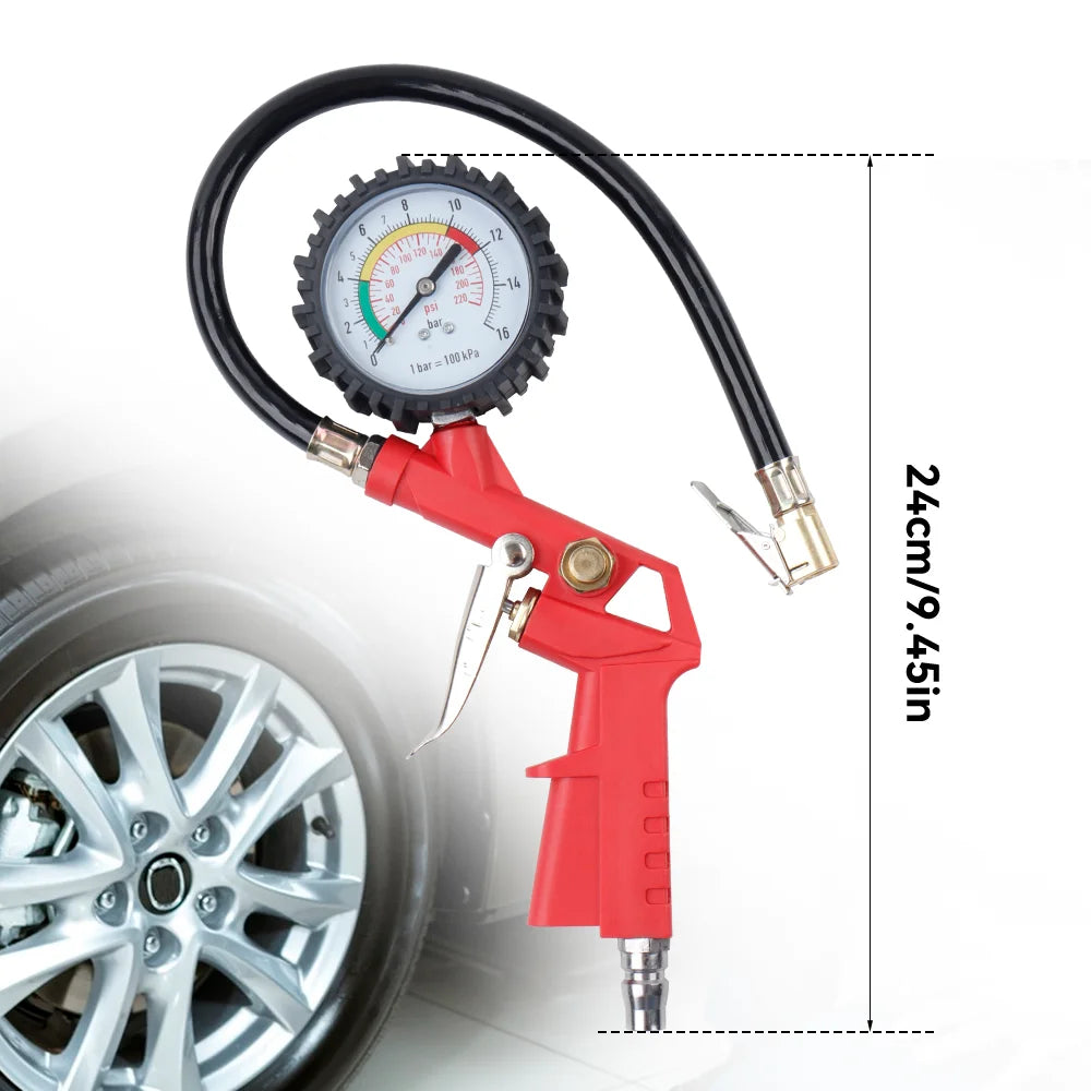 Dual-Scale Tire Pressure Gauge 0–220 PSI with Hose