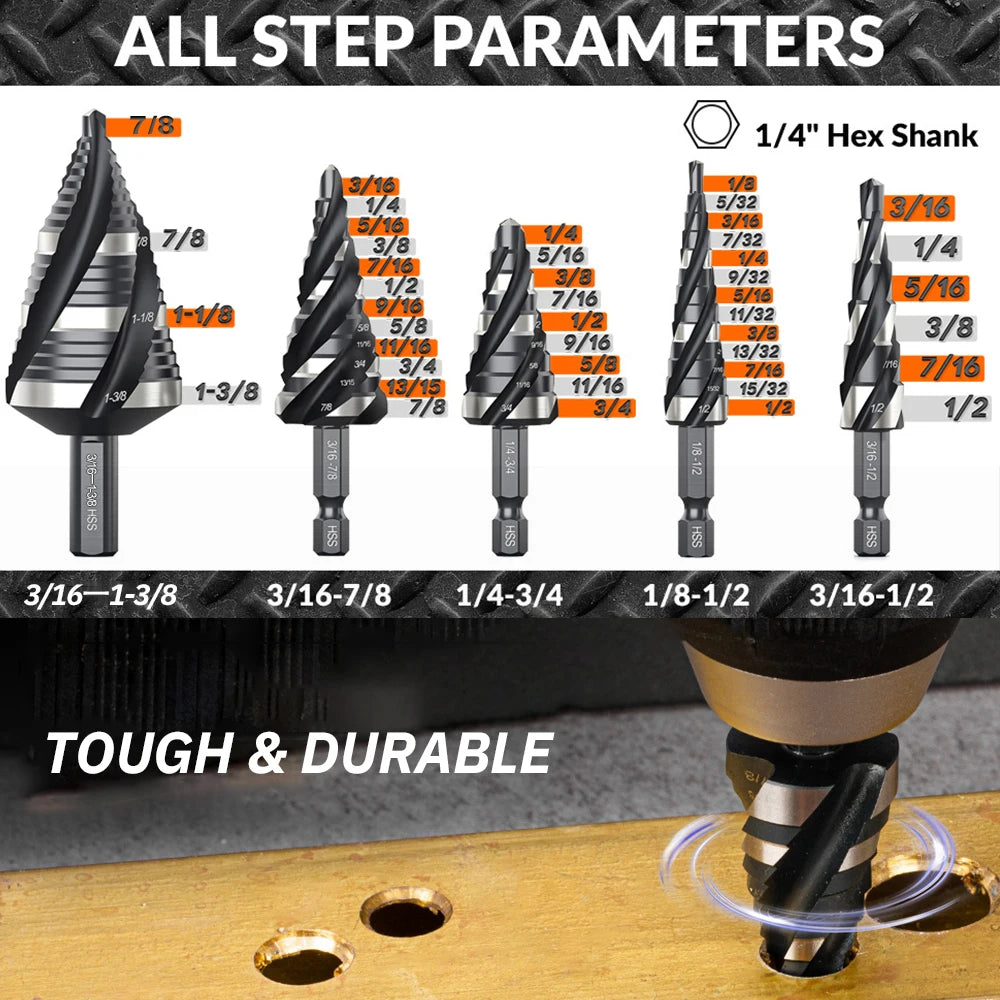 HSS Spiral Step Drill Bit Set Hex Shank Multiple Hole Sizes High Hardness Drill for Metal Sheet Plastic Hole Expanding