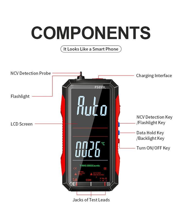 Digital Multimeter 4.8'' Full Color LCD 6000 Counts Auto-ranging Multimeter with Rechargeable Battery for Electronics Testing
