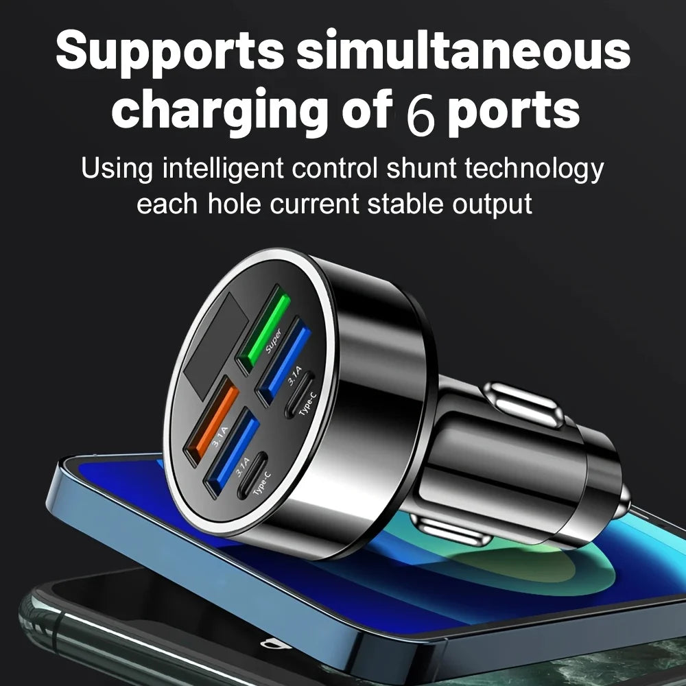6-in-1 Car Charger Adapter with Dual USB-C and Digital Display