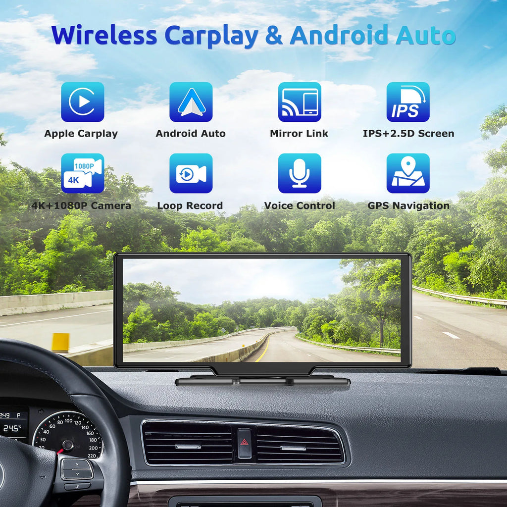 ESSGOO 10.26" 4K Wireless CarPlay Android Auto Dash Cam - image 6