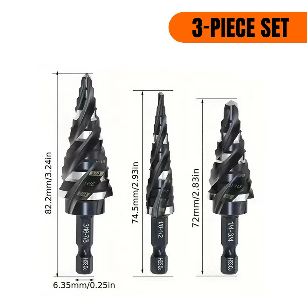 HSS Spiral Step Drill Bit Set Hex Shank Multiple Hole Sizes High Hardness Drill for Metal Sheet Plastic Hole Expanding