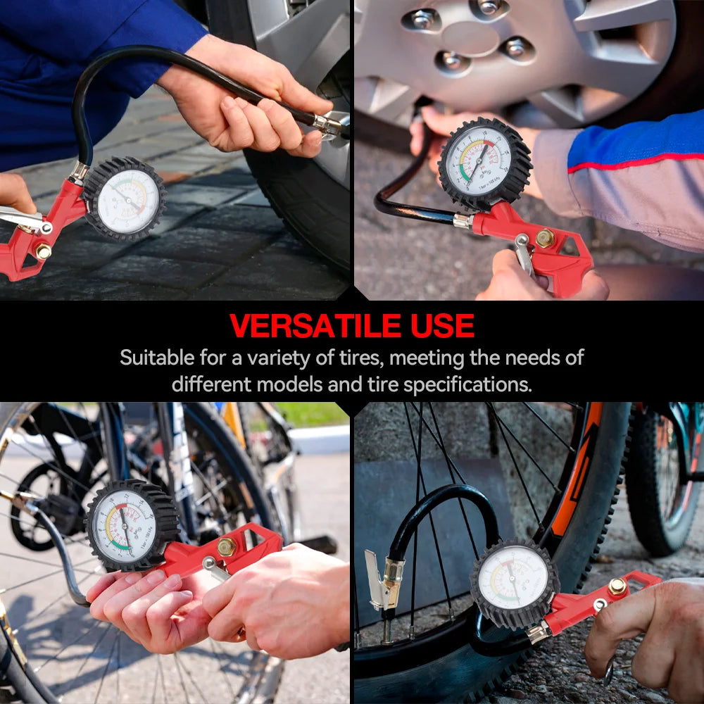 Dual-Scale Tire Pressure Gauge 0–220 PSI with Hose