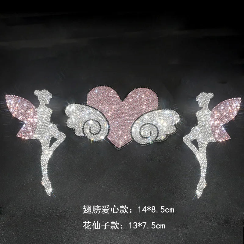 Rhinestone Car Stickers with Angel Wings, Hearts, Stars and Crowns