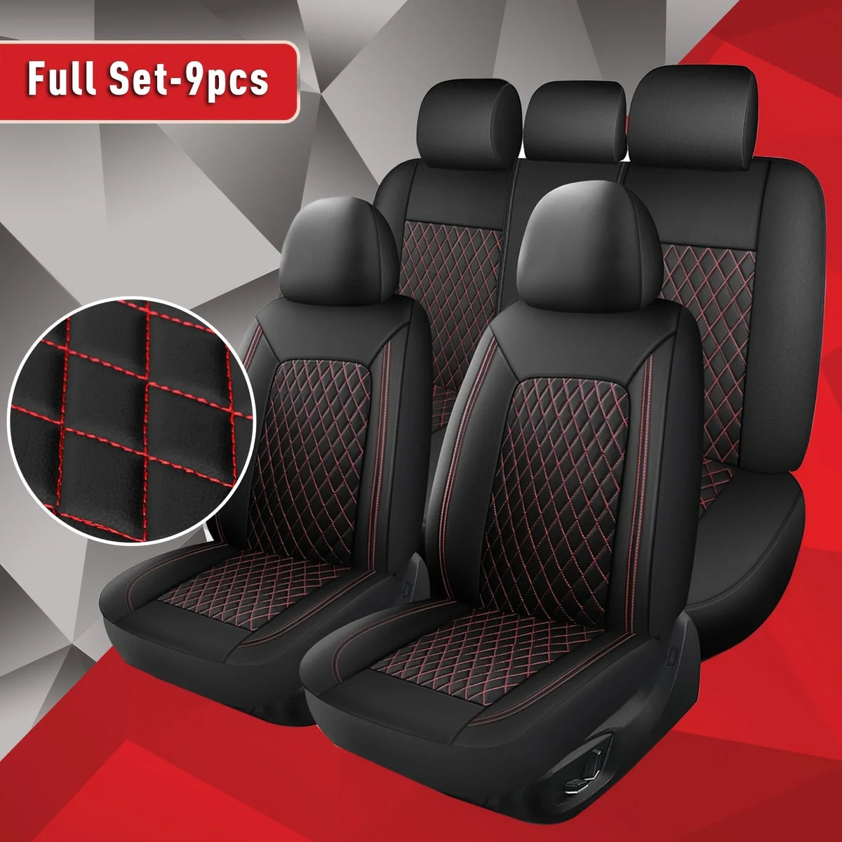 Quilted PU Leather Car Seat Covers, Full 9-Piece Set