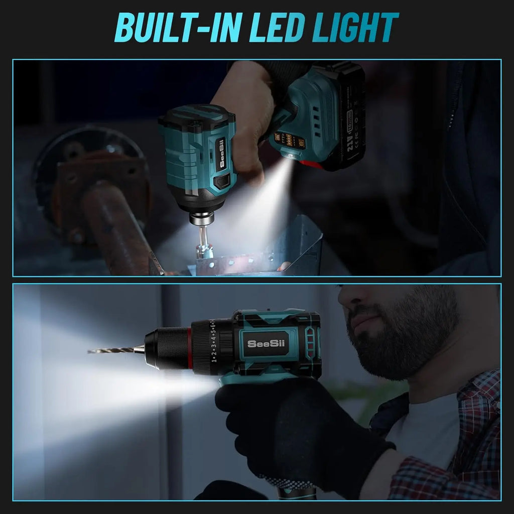 SEESII 21V Brushless Cordless Drill & Impact Driver Kit (2x4.0Ah) - image 7