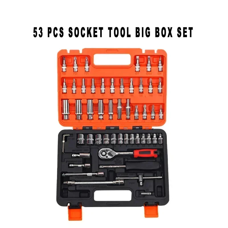 53-Piece Steel Car Repair Tool Set with Sockets and Case for Motorcycles