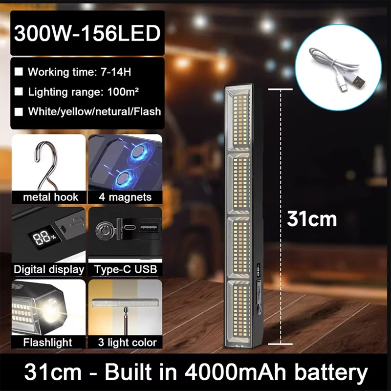 Magnetic LED Work Light Bar, USB Rechargeable, 3 Modes, IP66 Waterproof