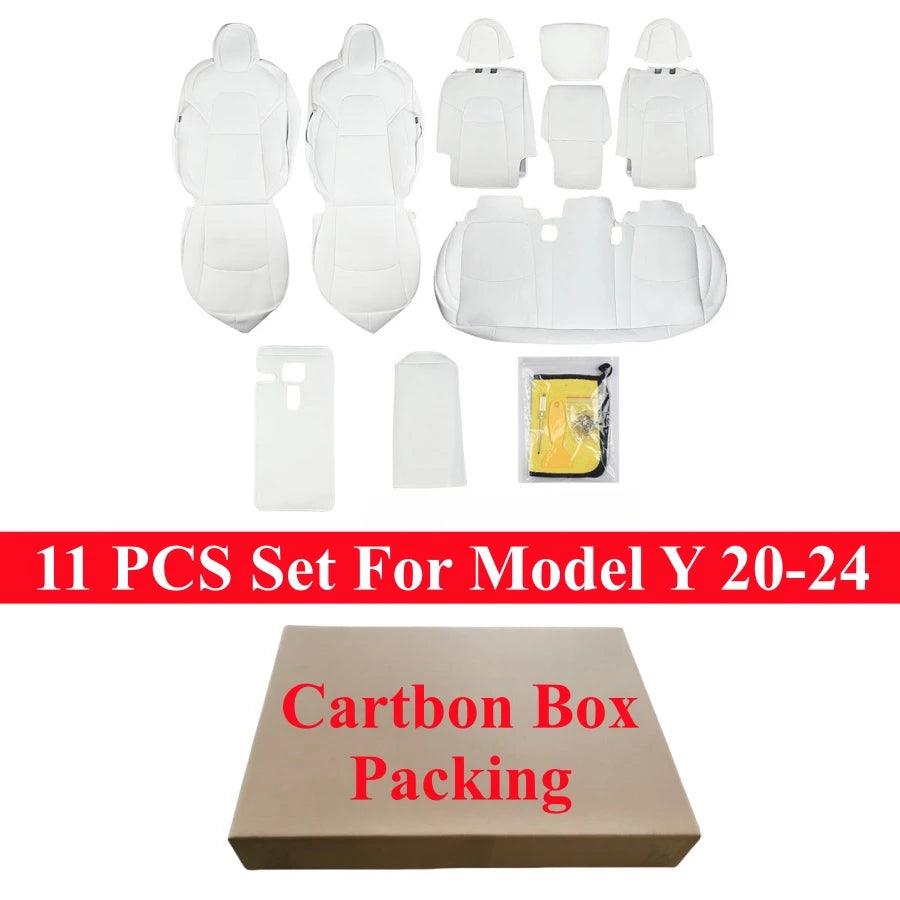 White PU Leather Seat Covers for Tesla Model Y and Model 3, Full 5-Seat Set