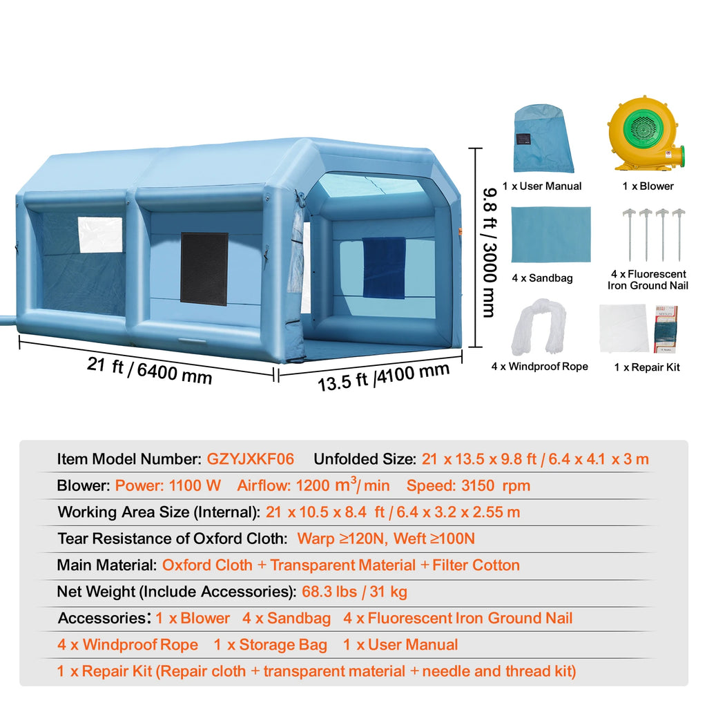 Inflatable Portable Car Paint Spray Booth with Blowers and Air Filter