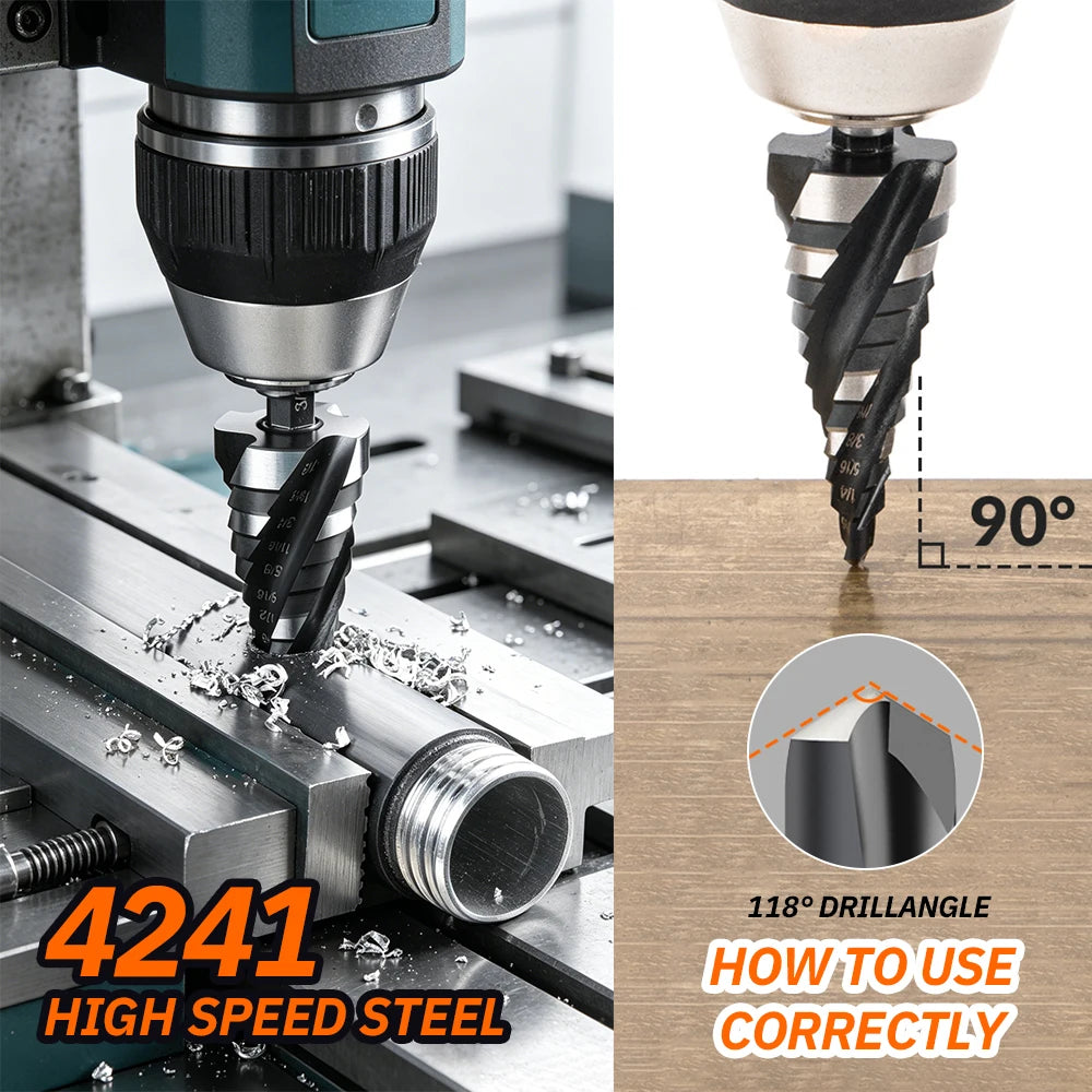 HSS Spiral Step Drill Bit Set Hex Shank Multiple Hole Sizes High Hardness Drill for Metal Sheet Plastic Hole Expanding