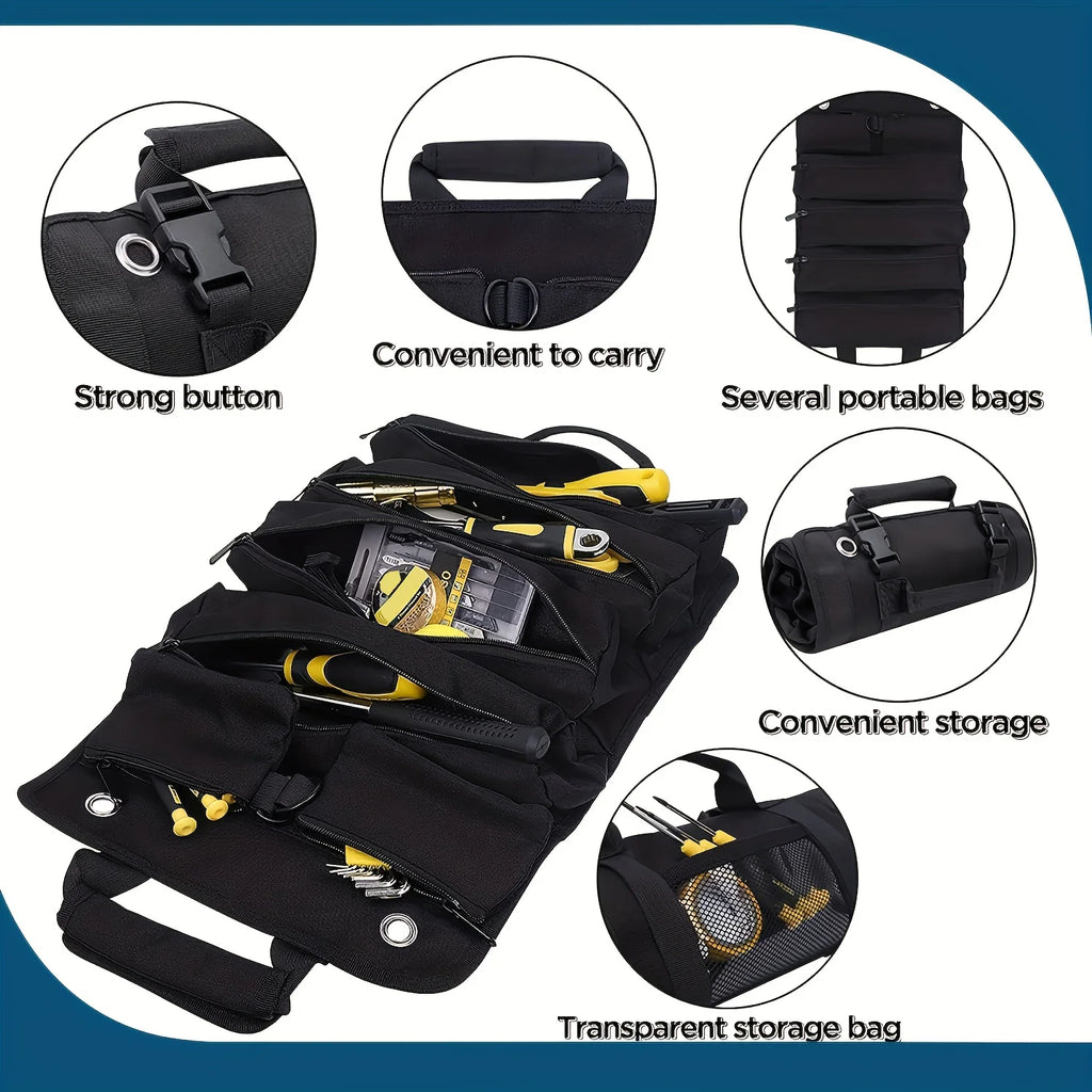 Tool Bag Organizer - Small Tool Bag With Detachable Pouches , Heavy Duty Roll Up Tool Bag Organizer With 6 Tool Pouches