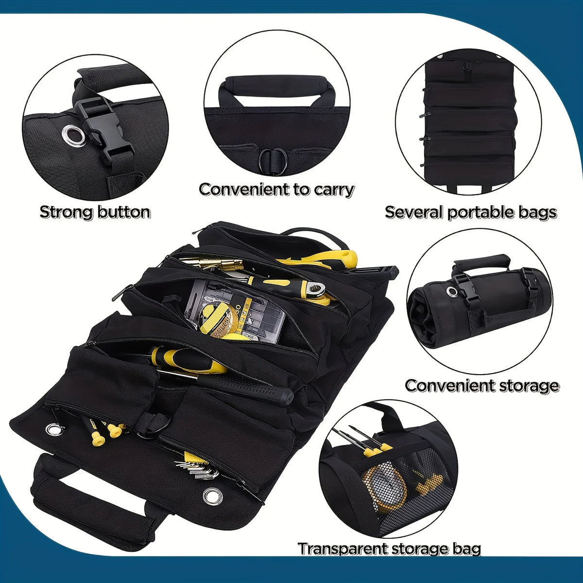 Tool Bag Organizer - Small Tool Bag With Detachable Pouches , Heavy Duty Roll Up Tool Bag Organizer With 6 Tool Pouches