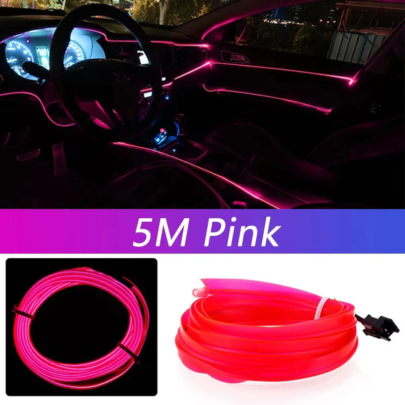 Car Interior LED Neon EL Wire Ambient Light Strip, USB, 5m