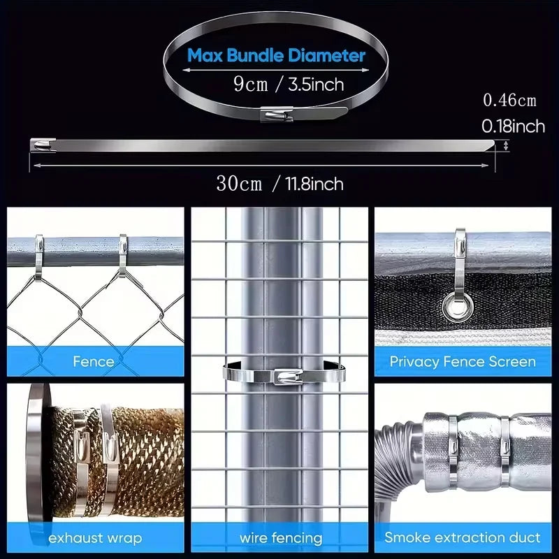 20pcs 10in Stainless Steel Zip Ties | Rustproof Heavy Duty Cable Ties for Automotive, Machinery, Outdoor