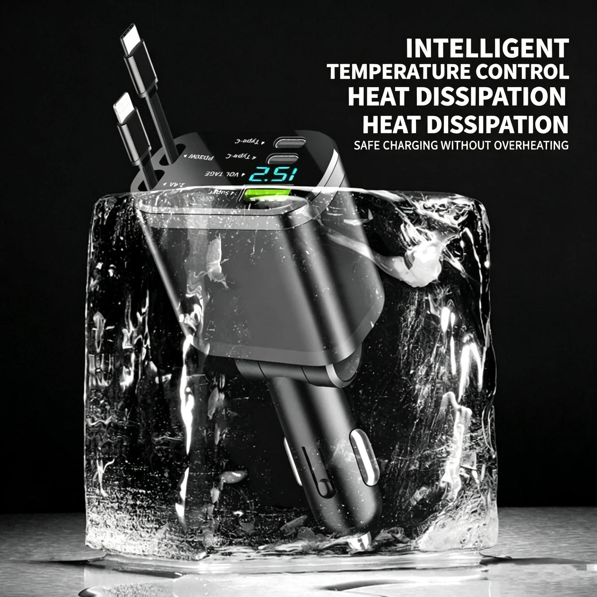 Car Charger with Digital Display and Retractable USB-C Cable