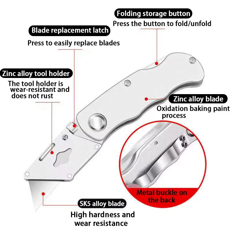 Folding Utility Knife Heavy Duty Carpet Cable Cutter Aluminum Plastic Handle Pocket Knife with Lock & Blade Portable Set