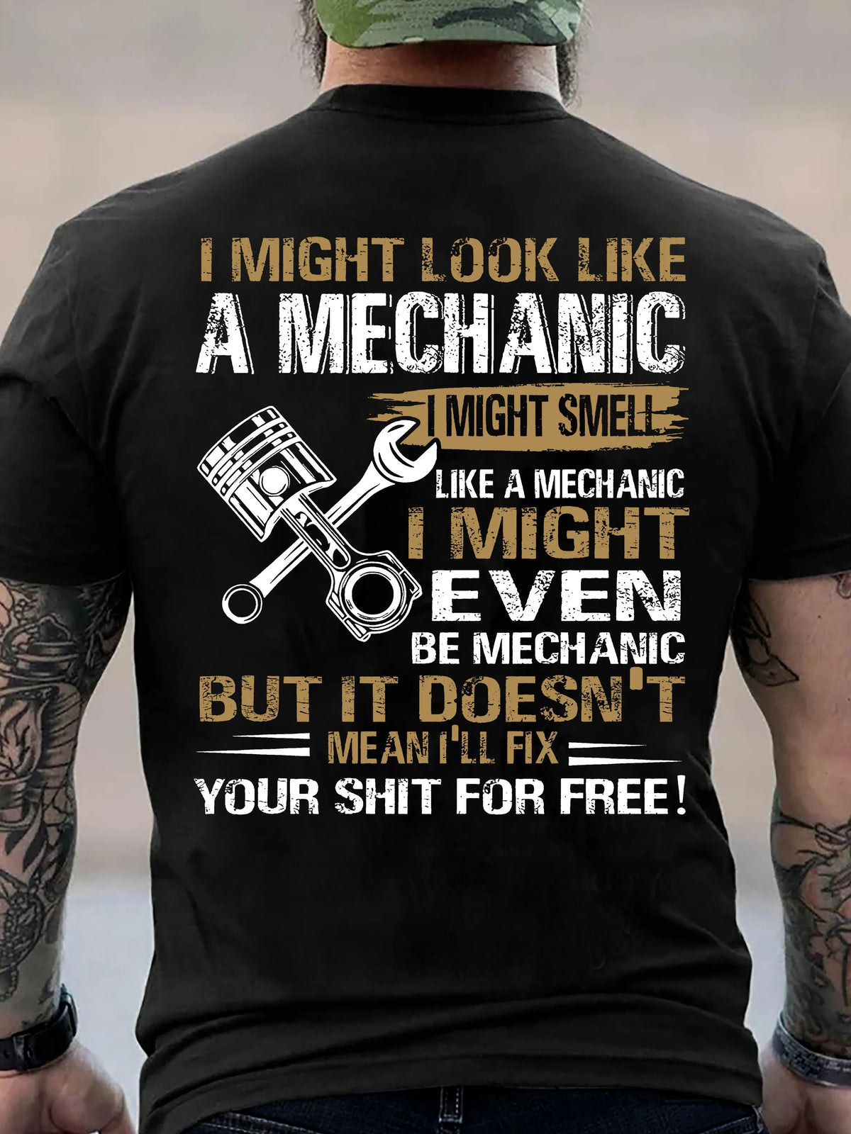 Men's Mechanic Funny Quote T-Shirt Back Print Wrench Piston Graphic Crew Neck Short Sleeve Top