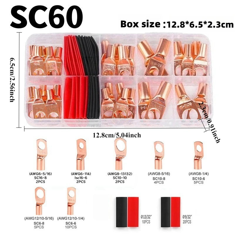 60/100/130pcs Copper Terminal Connectors, AWG 4 6 8 10 12 Ring Lug Kit With Shrink Tubing 50 Battery Cable Lugs With Shrink