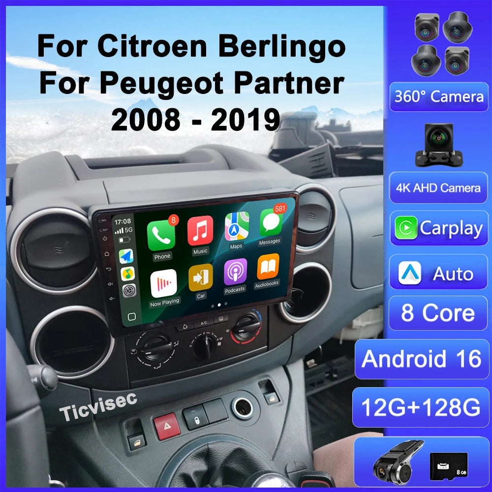 9" Android 16 Car Radio + CarPlay for Citroen Berlingo/Peugeot Partner
