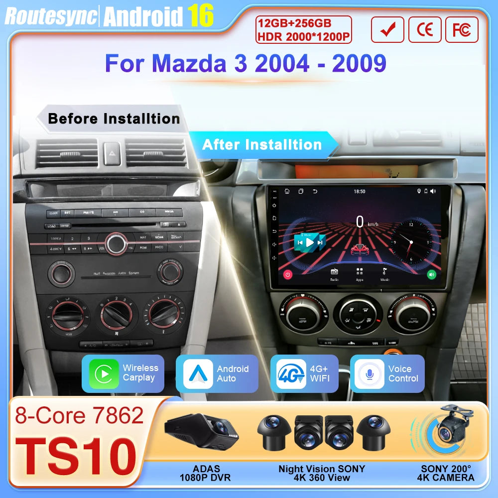9" Android Car Stereo with Wireless CarPlay for Mazda 3 (04-09)